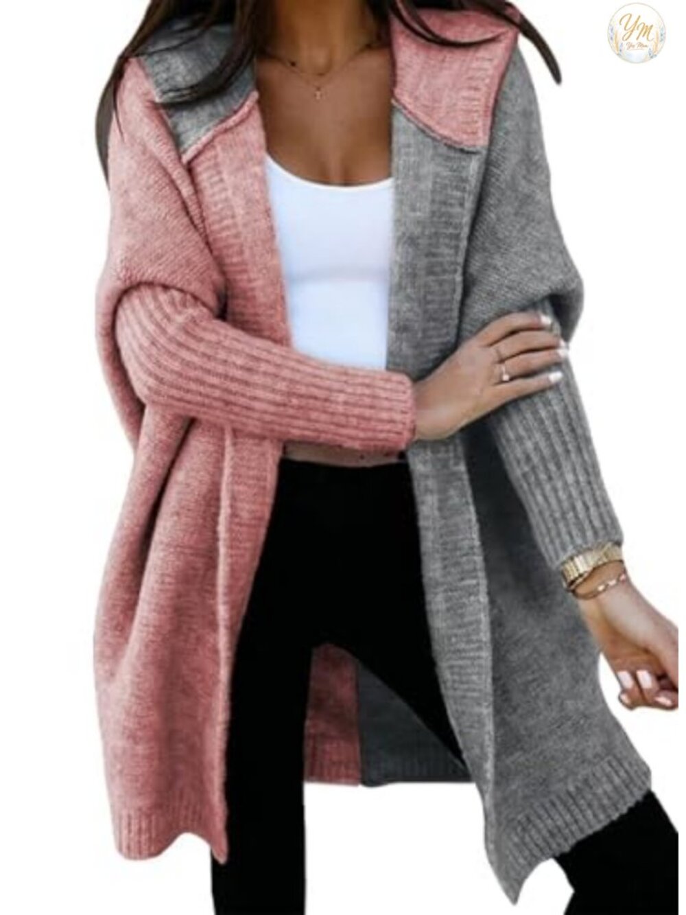 Women's Hooded Open Front Knit Cardigan Sweater Color Block Patchwork Long